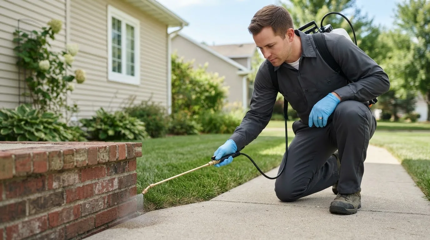 Pest control technician treating a home near Stratham, NH